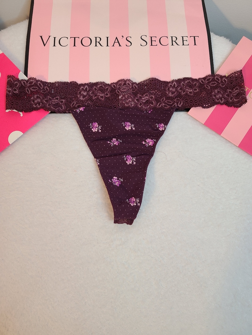VTG VS Angels Smooth Microfiber Lace Waist Thong Panty Size M Purple Floral